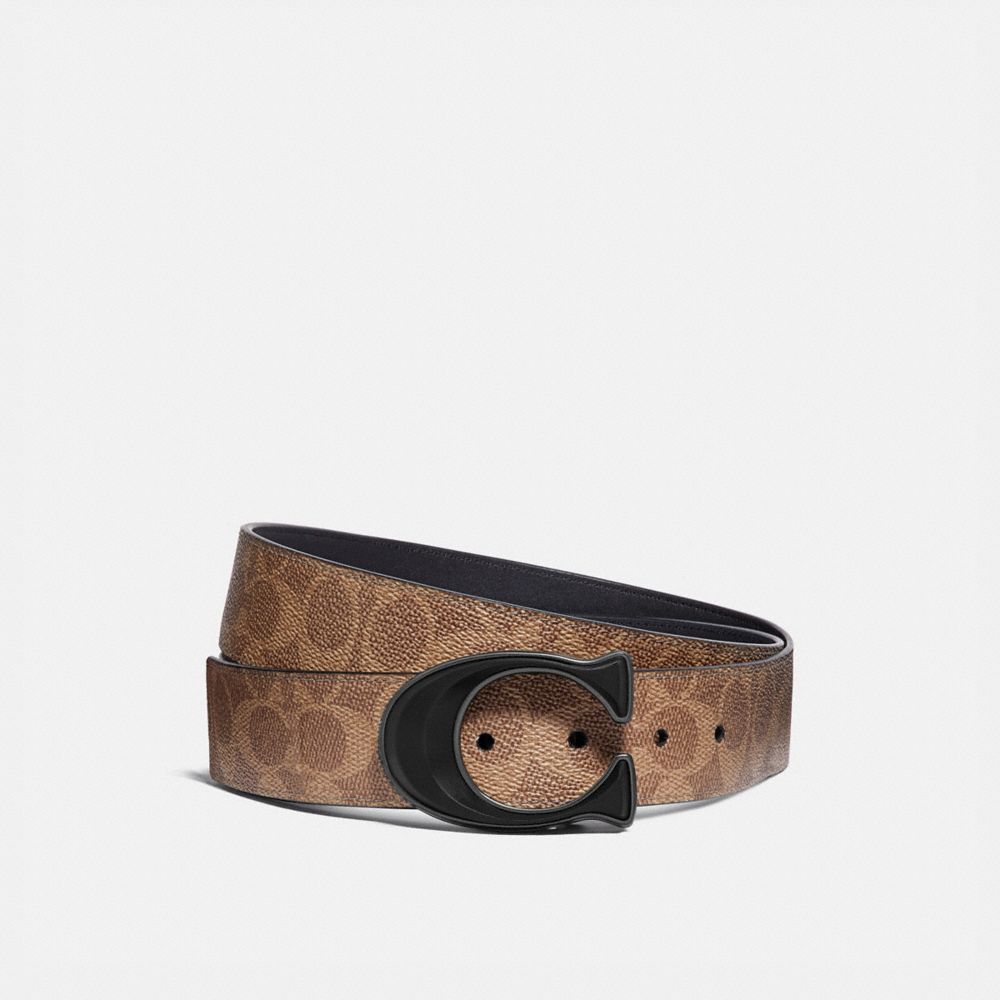 COACH®,SIGNATURE BUCKLE CUT-TO-SIZE REVERSIBLE BELT, 38MM,Coated Canvas,Khaki/Black,Front View