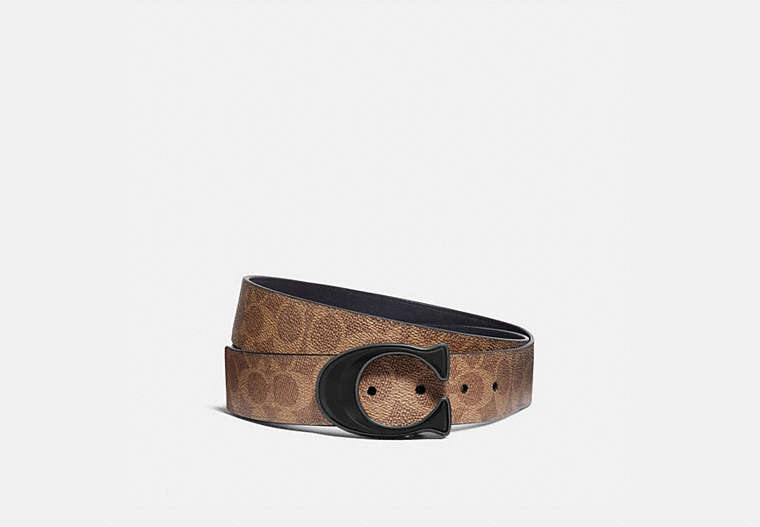 COACH®,SIGNATURE BUCKLE CUT-TO-SIZE REVERSIBLE BELT, 38MM,Coated Canvas,Khaki/Black,Front View image number 0