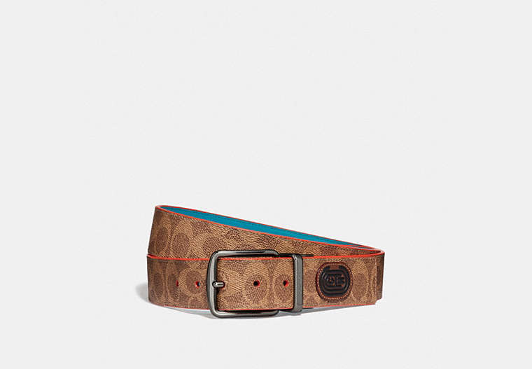 COACH®,HARNESS BUCKLE CUT-TO-SIZE REVERSIBLE BELT, 38MM,Coated Canvas,Tan Signature Multi,Front View