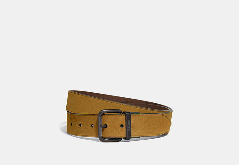 COACH®,HARNESS BUCKLE CUT-TO-SIZE BELT, 38MM,Leather,Dark Honey,Front View