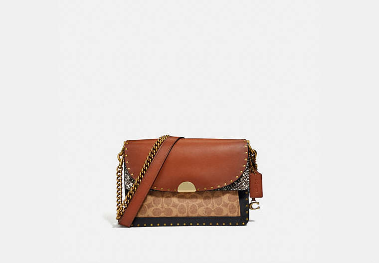 COACH®,DREAMER SHOULDER BAG IN SIGNATURE CANVAS WITH SNAKESKIN DETAIL,Coated Canvas,Medium,Brass/Tan Multi,Front View