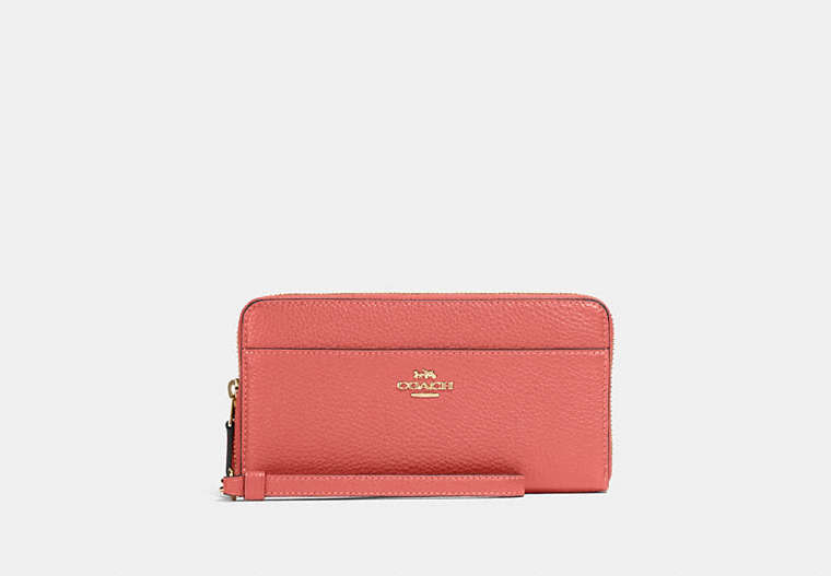 COACH®,ACCORDION ZIP WALLET WITH WRISTLET STRAP,Leather,Mini,Gold/Bright Coral,Front View