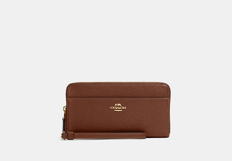 COACH®,ACCORDION ZIP WALLET WITH WRISTLET STRAP,Leather,Mini,Gold/Saddle 2,Front View