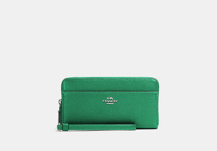 COACH®,ACCORDION ZIP WALLET WITH WRISTLET STRAP,Leather,Mini,Silver/Shamrock,Front View