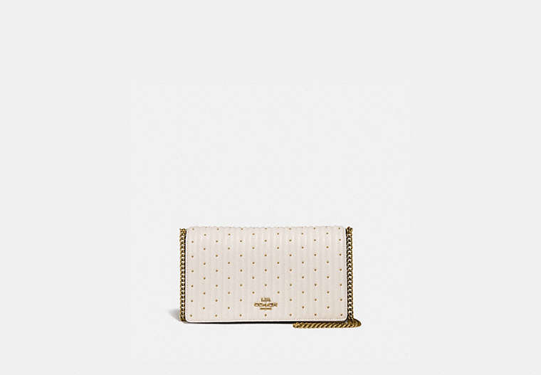 COACH®,CALLIE FOLDOVER CHAIN CLUTCH WITH QUILTING AND RIVETS,Leather,Mini,Brass/Chalk,Front View