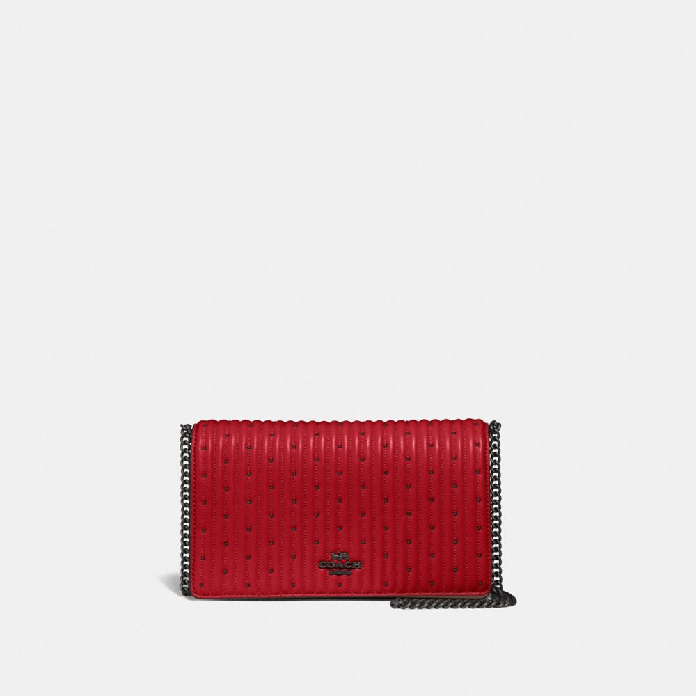 COACH®,CALLIE FOLDOVER CHAIN CLUTCH WITH QUILTING AND RIVETS,Leather,Mini,Pewter/Red Apple,Front View