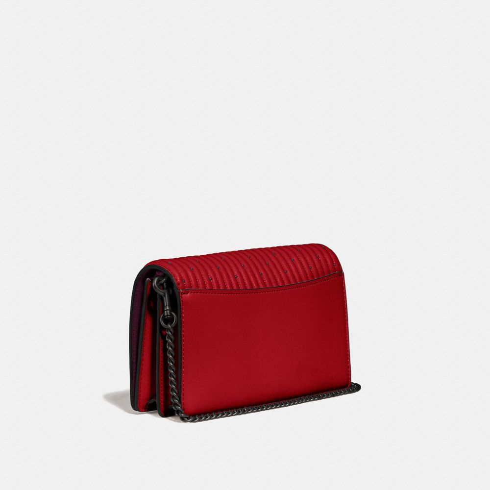 COACH®,CALLIE FOLDOVER CHAIN CLUTCH WITH QUILTING AND RIVETS,Leather,Mini,Pewter/Red Apple,Angle View