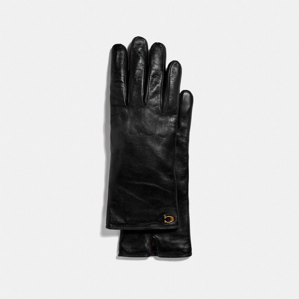 COACH®,SCULPTED SIGNATURE LEATHER TECH GLOVES,Leather,Black,Front View
