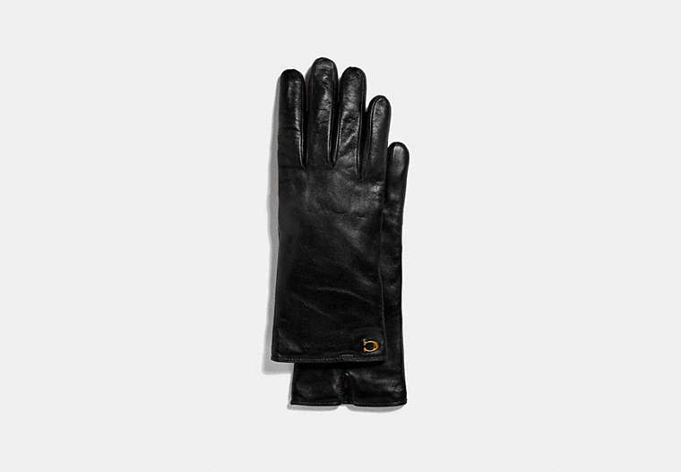 COACH®,SCULPTED SIGNATURE LEATHER TECH GLOVES,Leather,Black,Front View