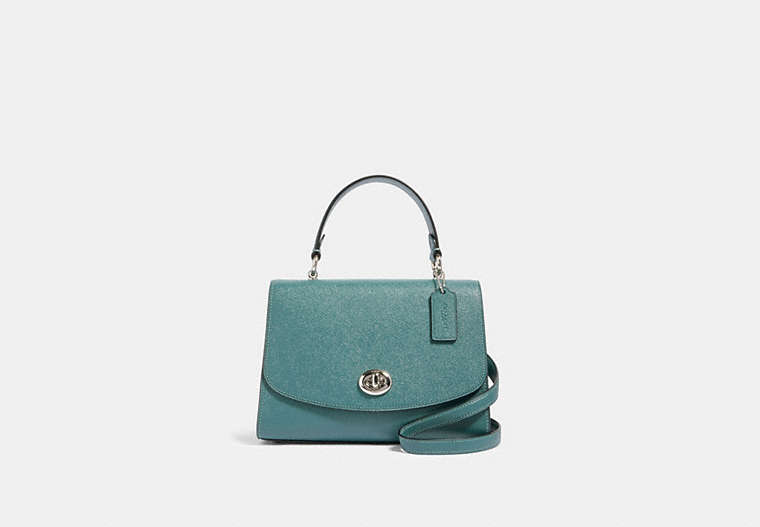 COACH®,TILLY TOP HANDLE SATCHEL,Leather,Silver/Dark Turquoise,Front View