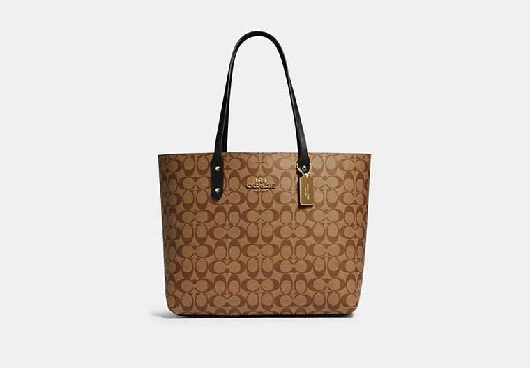 COACH®,TOWN TOTE IN SIGNATURE CANVAS,pvc,Gold/KHAKI/BLACK,Front View