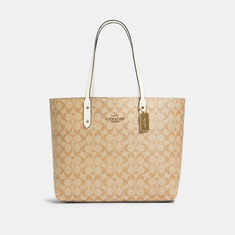 COACH®,TOWN TOTE IN SIGNATURE CANVAS,pvc,Gold/Light Khaki Chalk,Front View