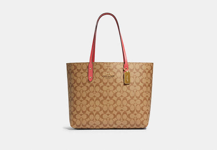 COACH®,TOWN TOTE IN SIGNATURE CANVAS,pvc,Gold/Khaki Poppy,Front View