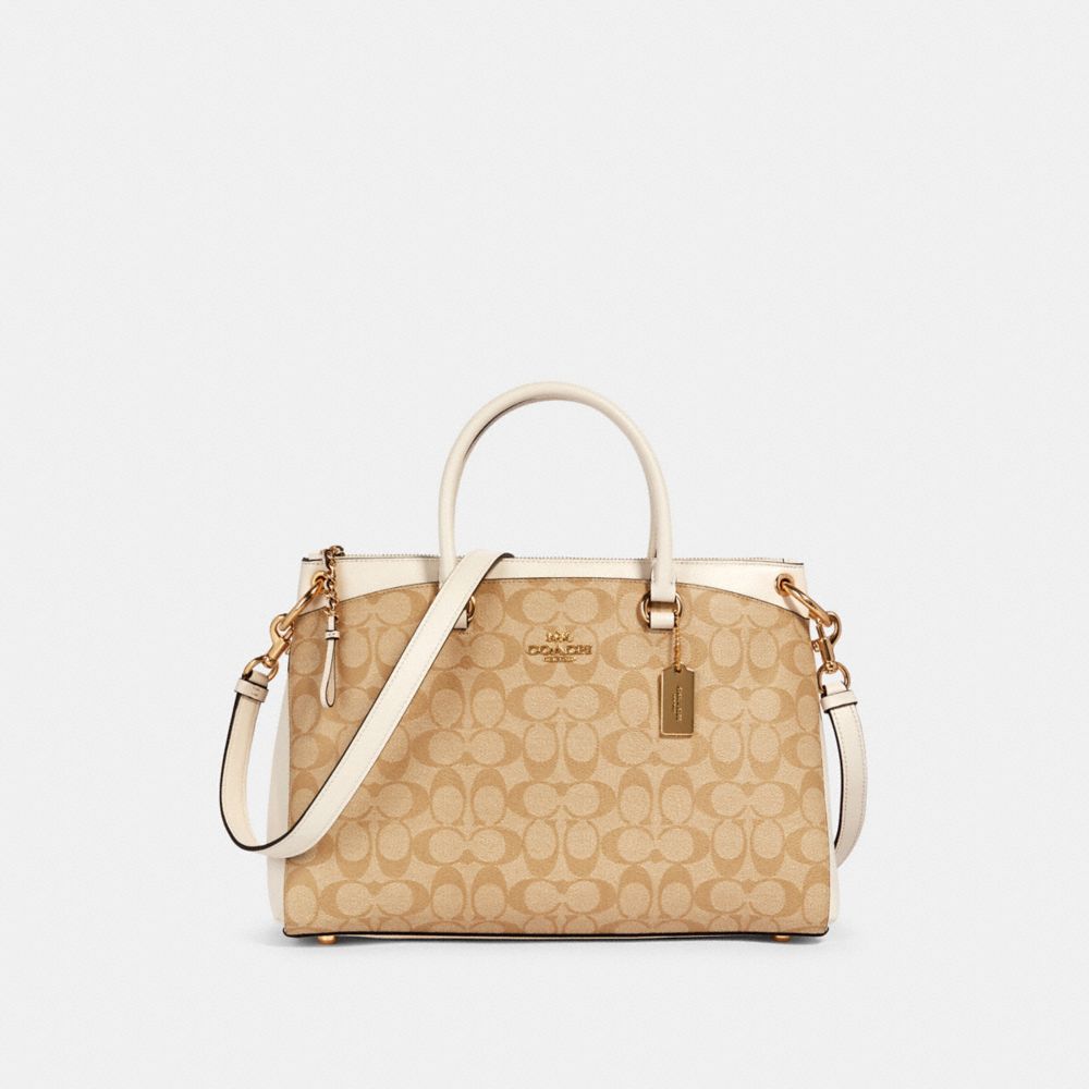 COACH®,MIA SATCHEL IN SIGNATURE CANVAS,pvc,Medium,Gold/Light Khaki Chalk,Front View