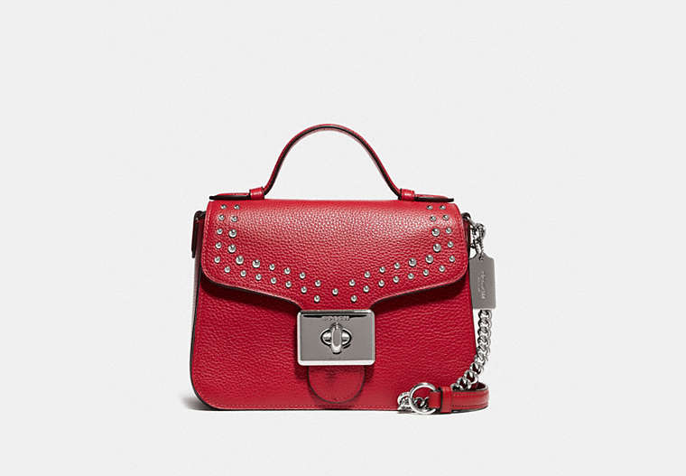 COACH®,CASSIDY TOP HANDLE CROSSBODY WITH RIVETS,Leather,Small,Silver/Bright Cardinal,Front View
