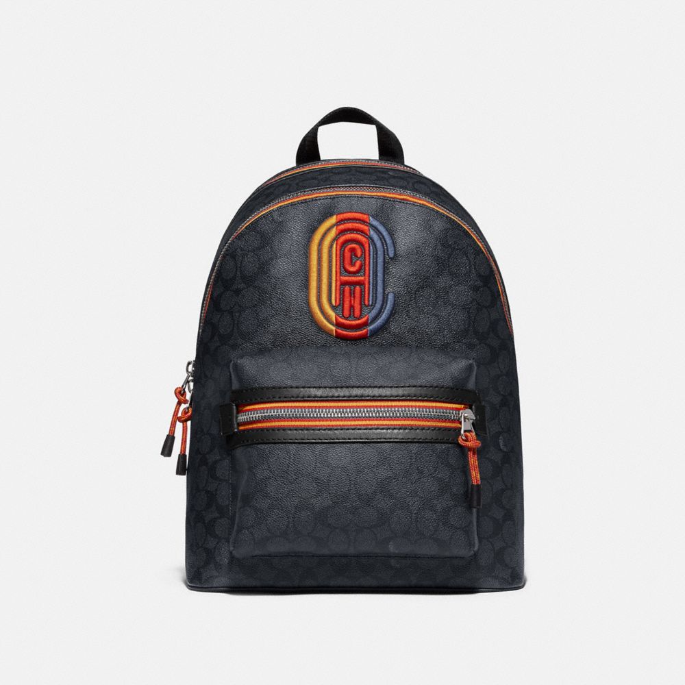 COACH®,ACADEMY BACKPACK IN SIGNATURE CANVAS WITH VARSITY ZIPPER,Large,Silver/Charcoal Multi,Front View