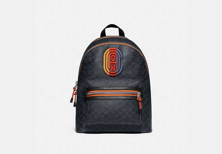 COACH®,ACADEMY BACKPACK IN SIGNATURE CANVAS WITH VARSITY ZIPPER,Large,Silver/Charcoal Multi,Front View