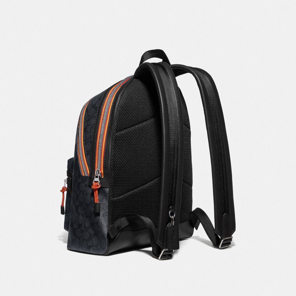 COACH®,ACADEMY BACKPACK IN SIGNATURE CANVAS WITH VARSITY ZIPPER,Large,Silver/Charcoal Multi,Angle View