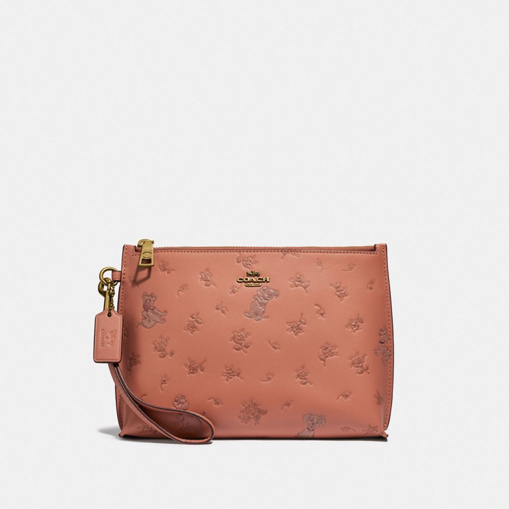 COACH®,DISNEY X COACH CHARLIE POUCH WITH MIXED DALMATIAN PRINT,Smooth Leather,Brass/Light Peach,Front View