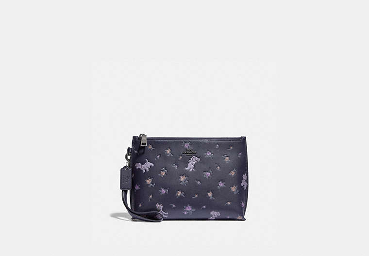 COACH®,DISNEY X COACH CHARLIE POUCH WITH MIXED DALMATIAN PRINT,Smooth Leather,Pewter/Ink,Front View
