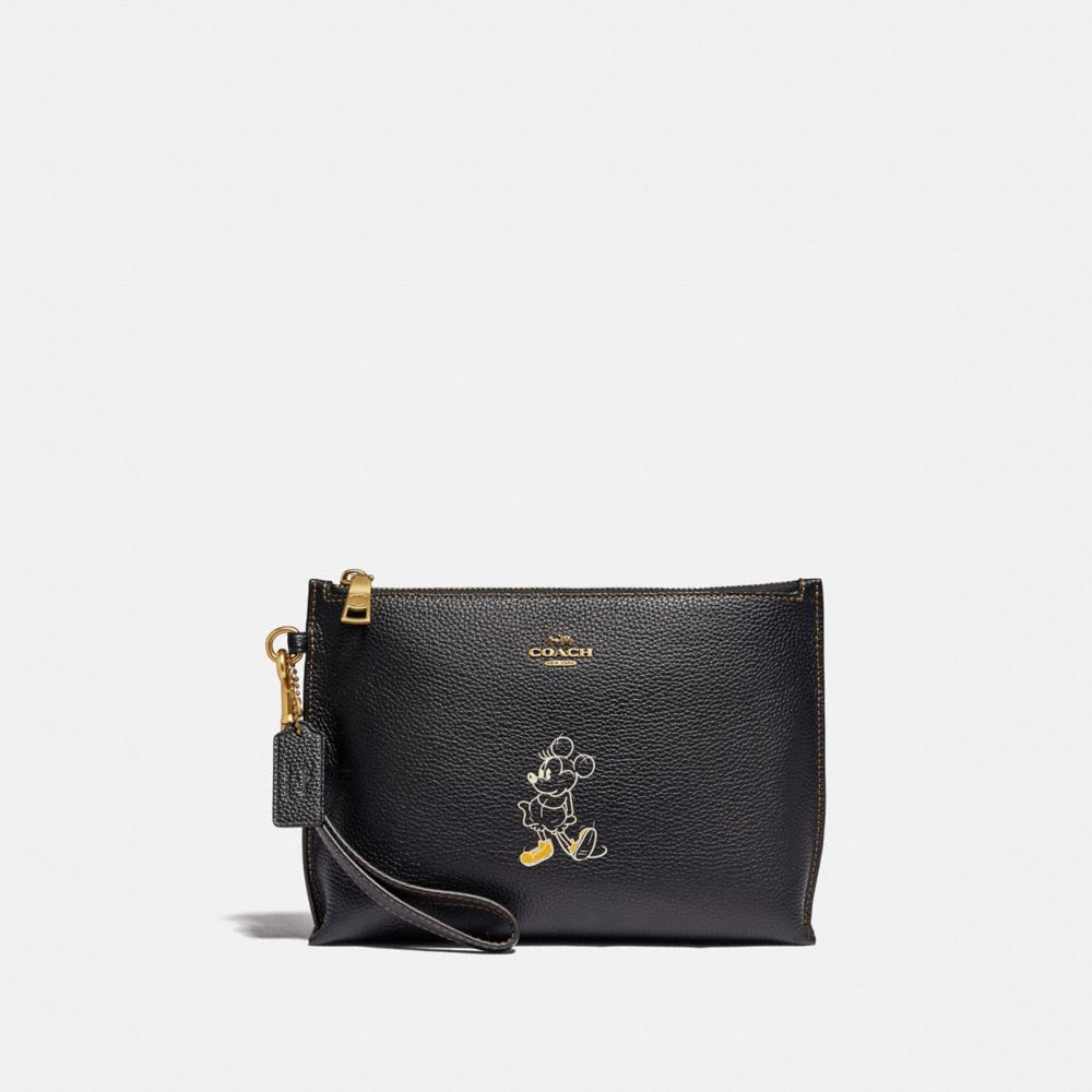 COACH®,DISNEY X COACH CHARLIE POUCH WITH MINNIE MOUSE MOTIF,Pebble Leather,Brass/Black,Front View