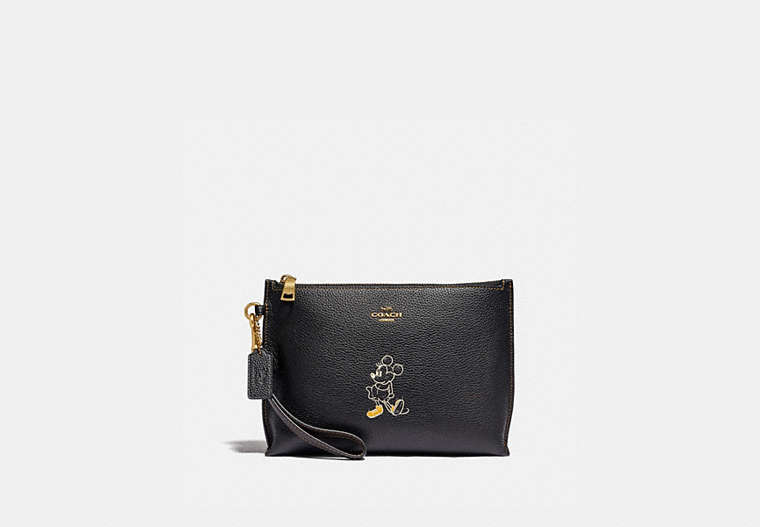 COACH®,DISNEY X COACH CHARLIE POUCH WITH MINNIE MOUSE MOTIF,Pebble Leather,Brass/Black,Front View
