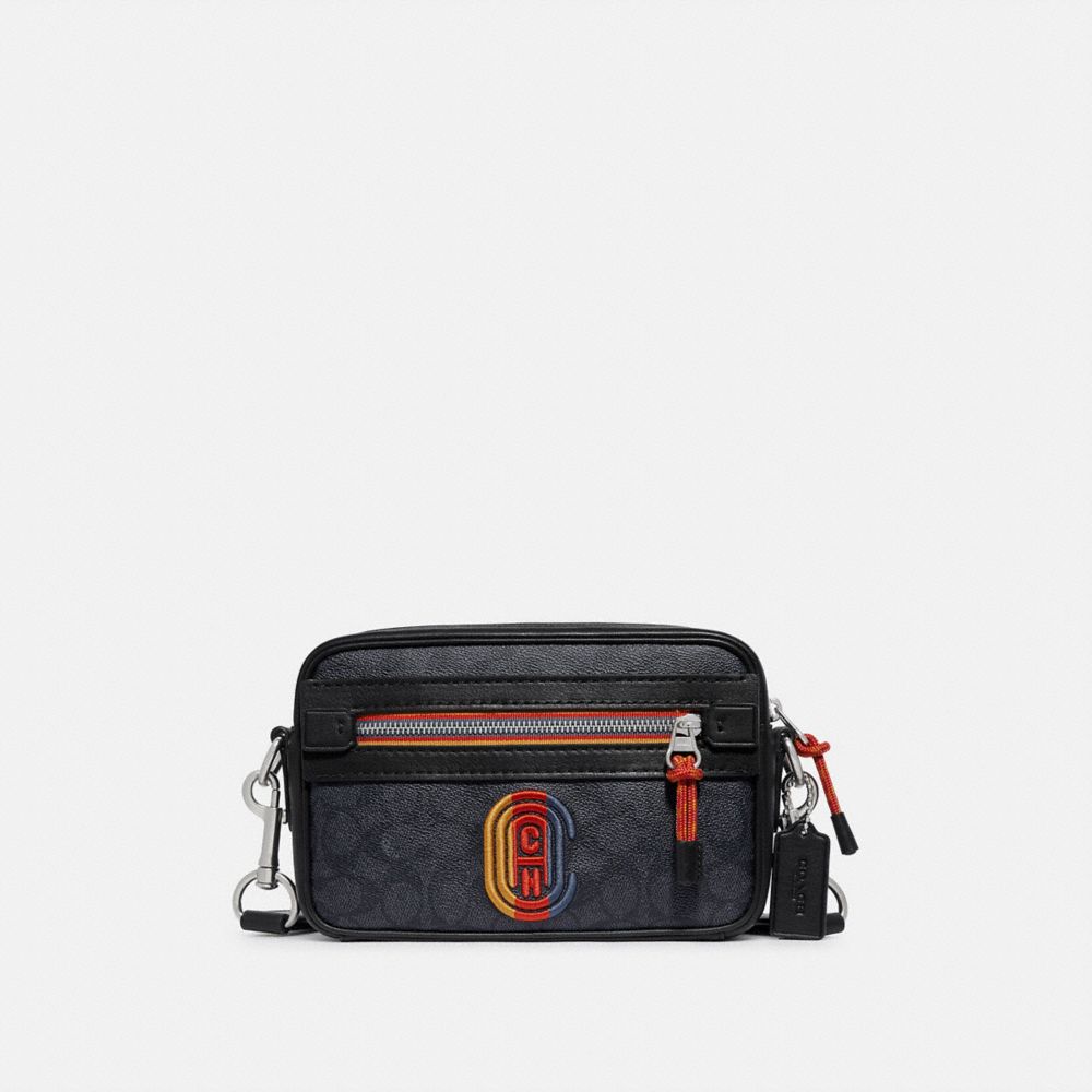 COACH®,ACADEMY CROSSBODY IN SIGNATURE CANVAS WITH VARSITY ZIPPER AND COACH PATCH,Signature Coated Canvas/Smooth ...,Silver/Charcoal Multi,Front View