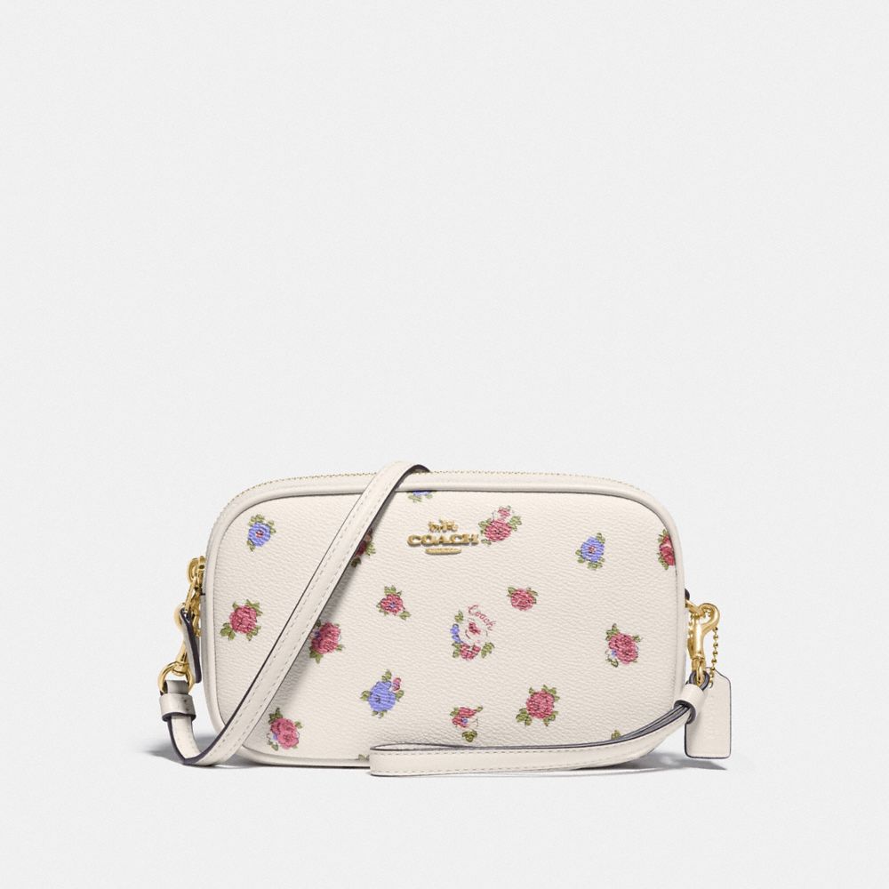COACH®,SADIE CROSSBODY CLUTCH WITH VINTAGE ROSEBUD PRINT,Coated Canvas,Gold/Chalk Multi,Front View