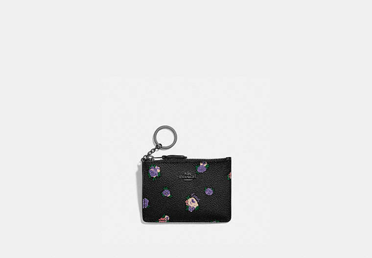 COACH®,MINI SKINNY ID CASE WITH VINTAGE ROSEBUD PRINT,Coated Canvas,Gunmetal/Black Multi,Front View