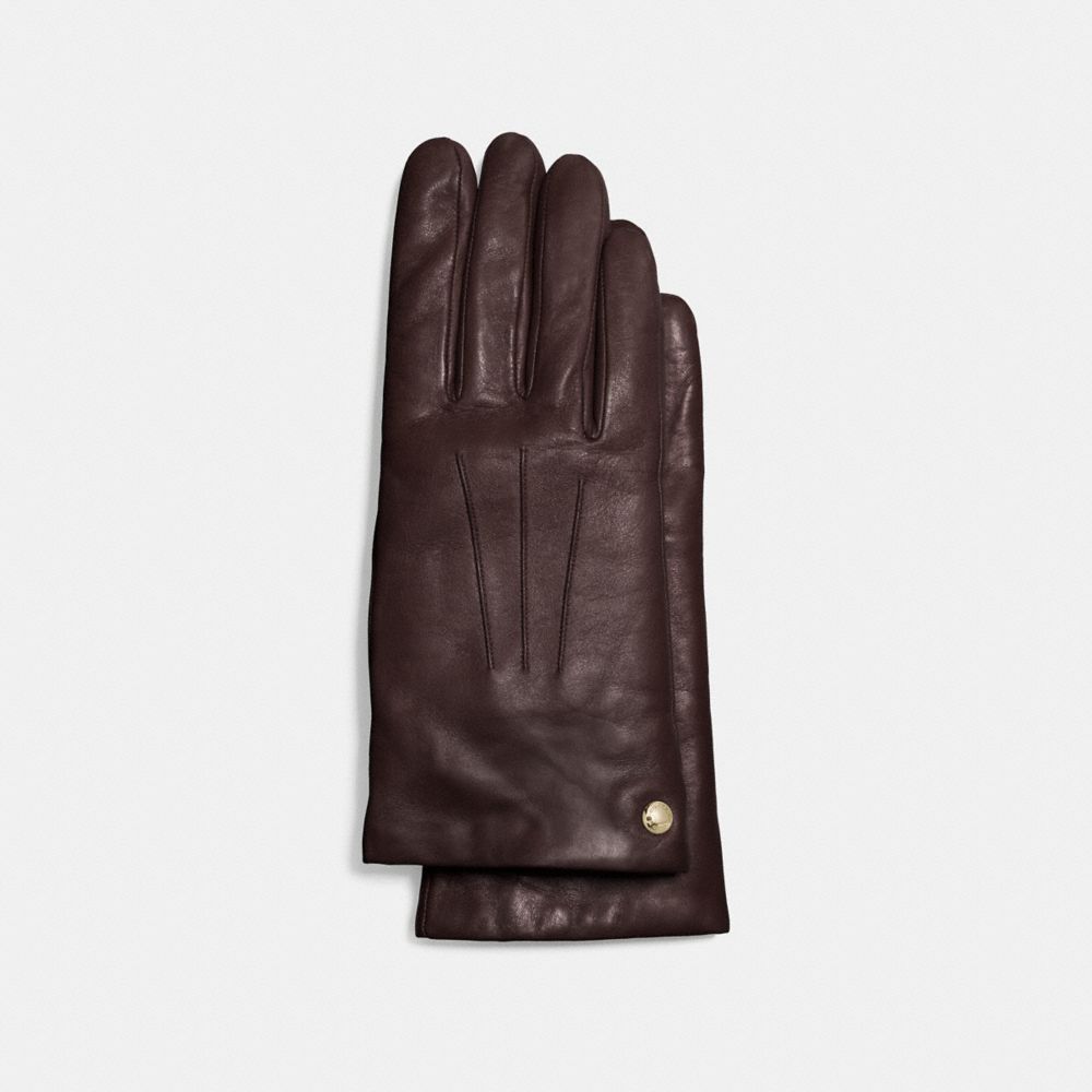 COACH®,SHORT LEATHER GLOVES,Leather,TEAK,Front View