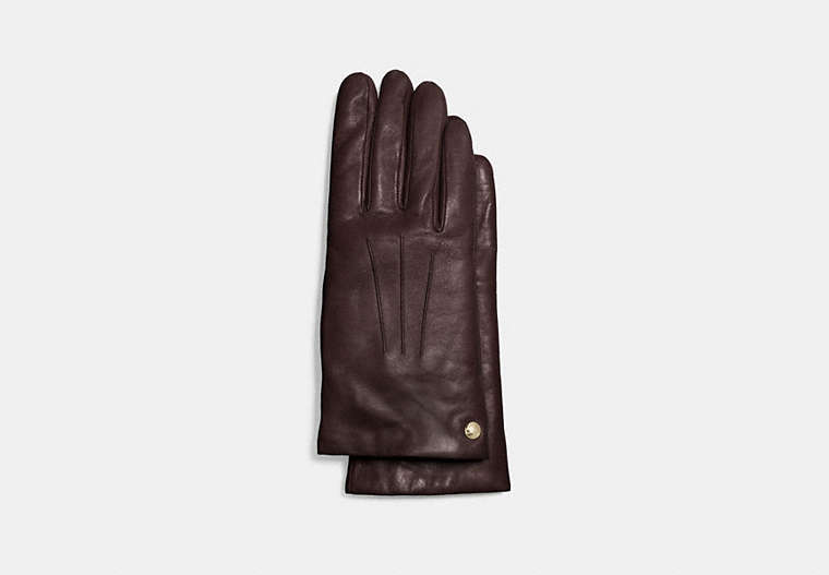 COACH®,SHORT LEATHER GLOVES,Leather,TEAK,Front View