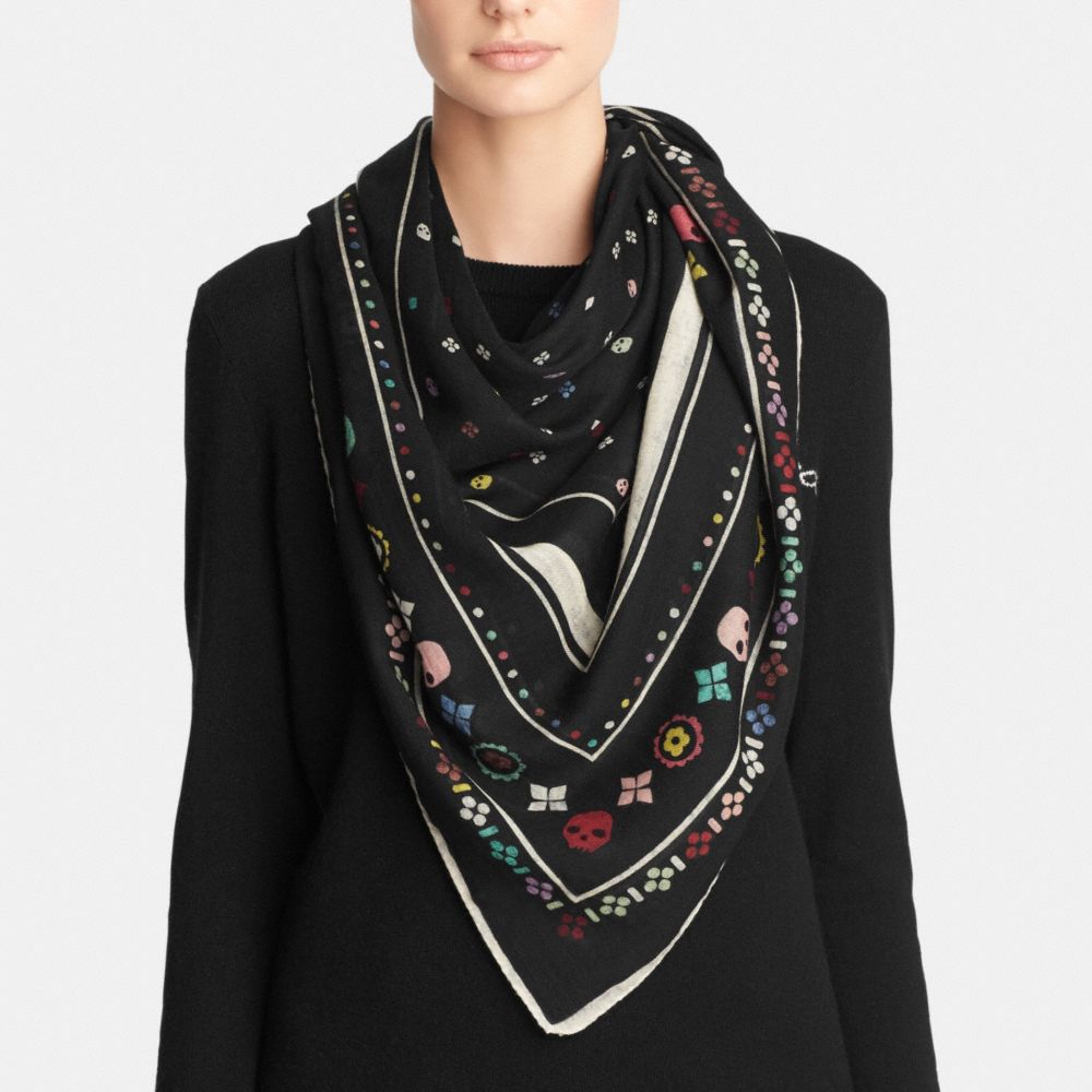 COACH®,SKULLS WOOL FOULARD OVERSIZE SQUARE,wool,Multicolor,Angle View