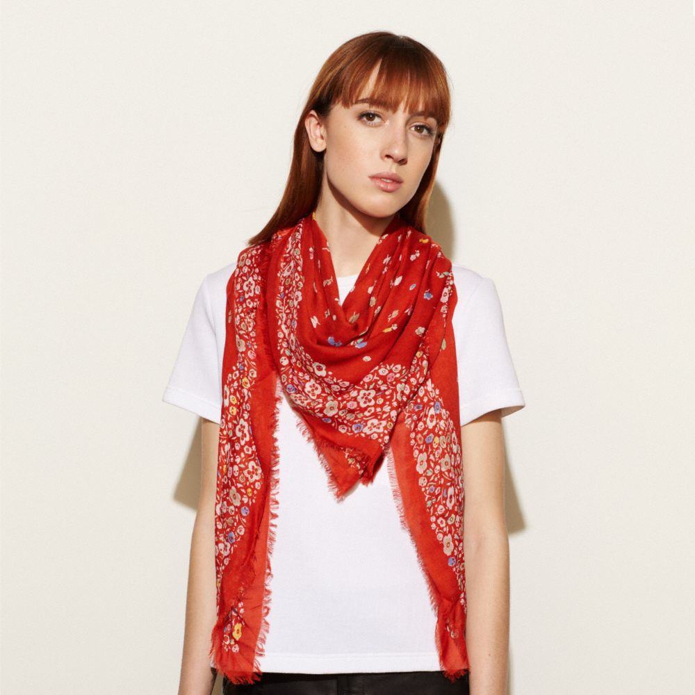 COACH®,FLORAL WOVEN OVERSIZED SQUARE SCARF,Modal Cashmere Blend,CARMINE,Front View