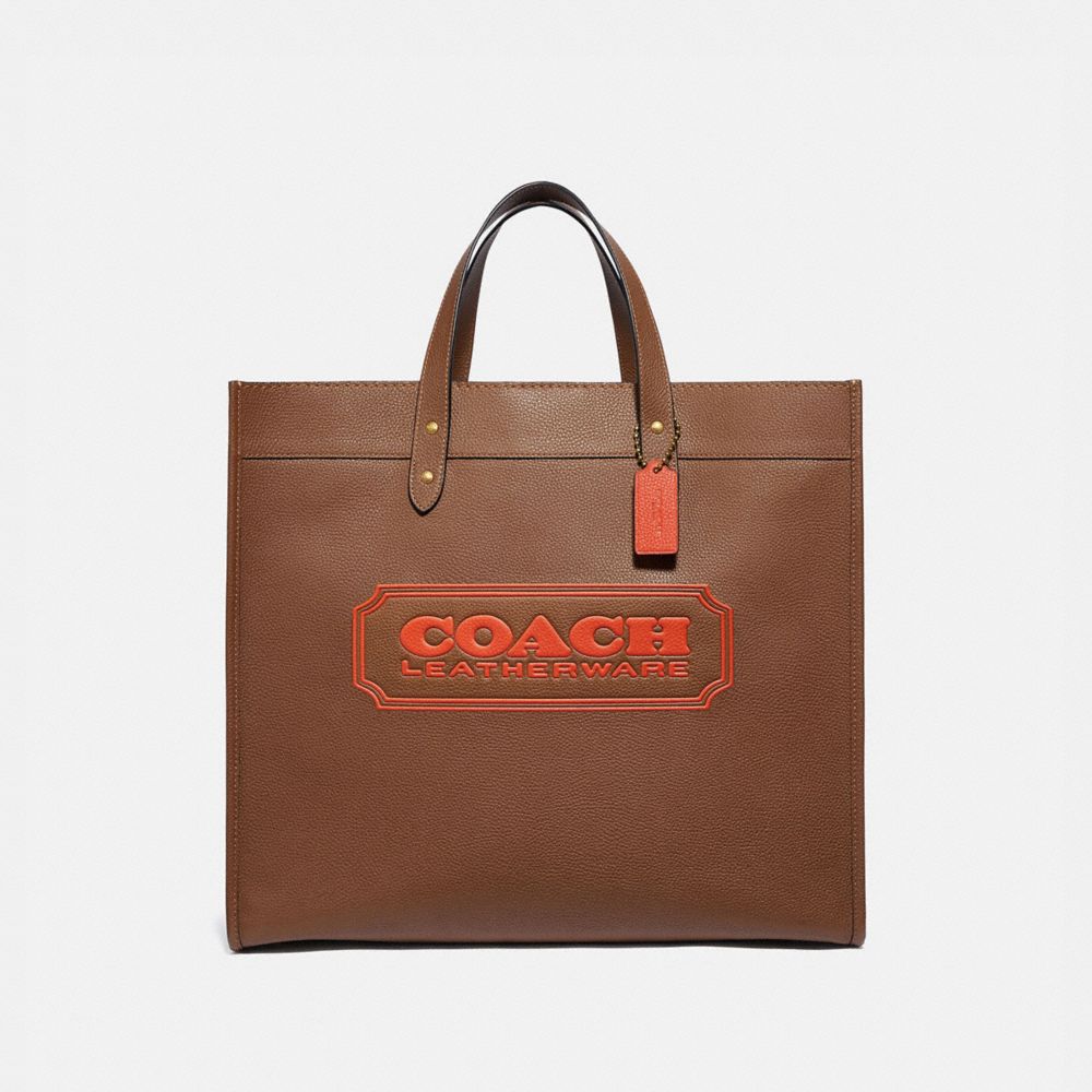 COACH®,FIELD TOTE BAG 40 WITH COACH BADGE,Leather,Brass/Dark Saddle,Front View image number 0