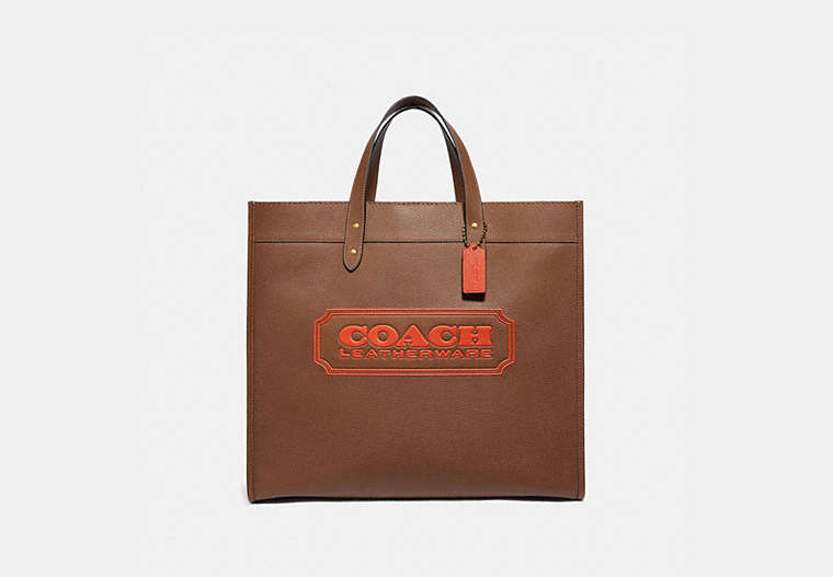 COACH®,FIELD TOTE 40 WITH COACH BADGE,Leather,Brass/Dark Saddle,Front View