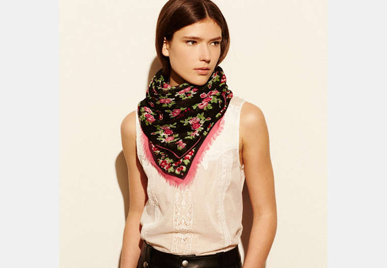 COACH®,FLORAL WOVEN OVERSIZED SQUARE SCARF,Modal Silk Blend,Black,Front View