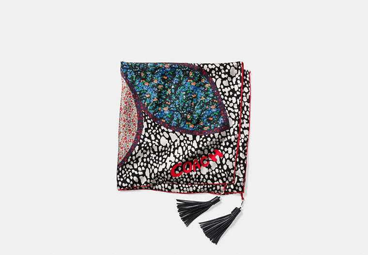 COACH®,EMBELLISHED FLOWER PATCHWORK SILK TWILL SQUARE SCARF WITH TASSELS,Silk Twill,Black Ivory/Pink,Front View