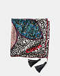 Embellished Flower Patchwork Silk Twill Square Scarf With Tassels