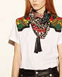 Embellished Flower Patchwork Silk Twill Square Scarf With Tassels