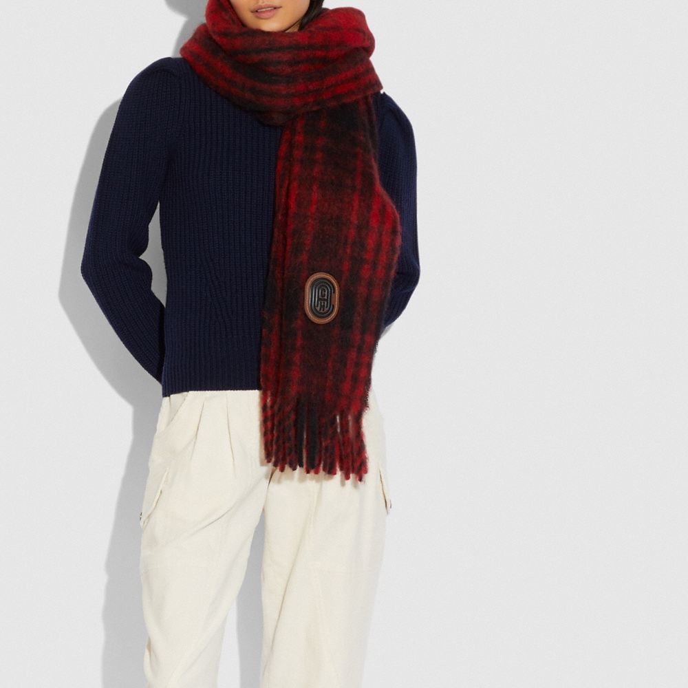 COACH®,HUNTING PLAID PRINT OVERSIZED MUFFLER,Mixed Material,Red.,Angle View