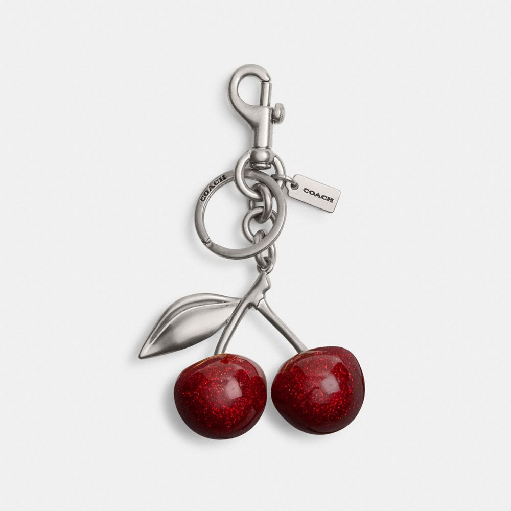 COACH®,Cherry Bag Charm,Bag Charm,Metal Material,3D Embellishment,Glitter,Gold Metal,Maroon,Front View