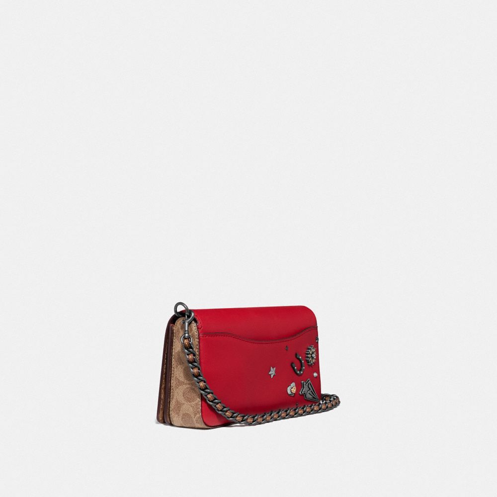 COACH®,DINKY WITH SIGNATURE CANVAS DETAIL AND SOUVENIR PINS,Coated Canvas,Small,Pewter/Tan Red Apple,Angle View