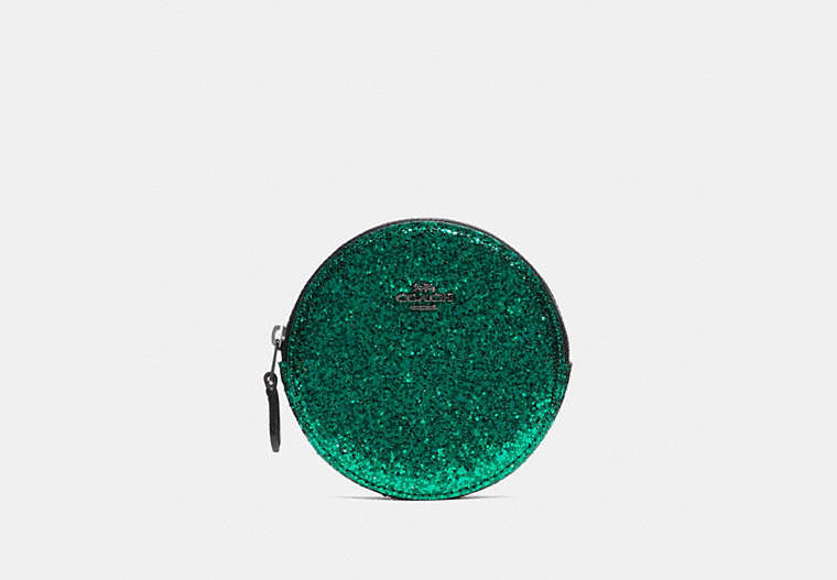 COACH®,BOXED ROUND COIN CASE,Glitter,Gunmetal/Emerald,Front View