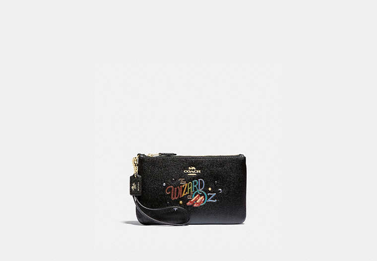 COACH®,WIZARD OF OZ BOXED SMALL WRISTLET WITH MOTIF,Pebble Leather,Gold/Black,Front View
