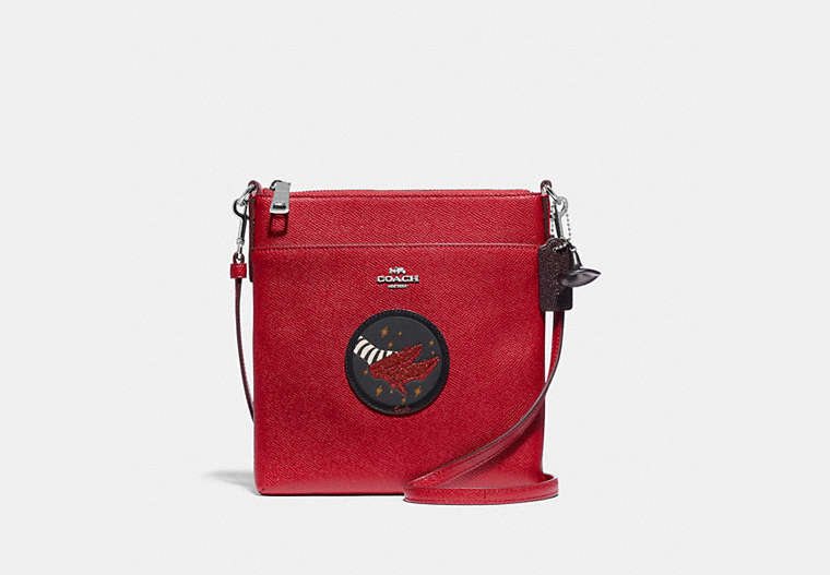 COACH®,WIZARD OF OZ KITT MESSENGER CROSSBODY WITH MOTIF,Pebble Leather,Mini,Silver/Red Apple,Front View