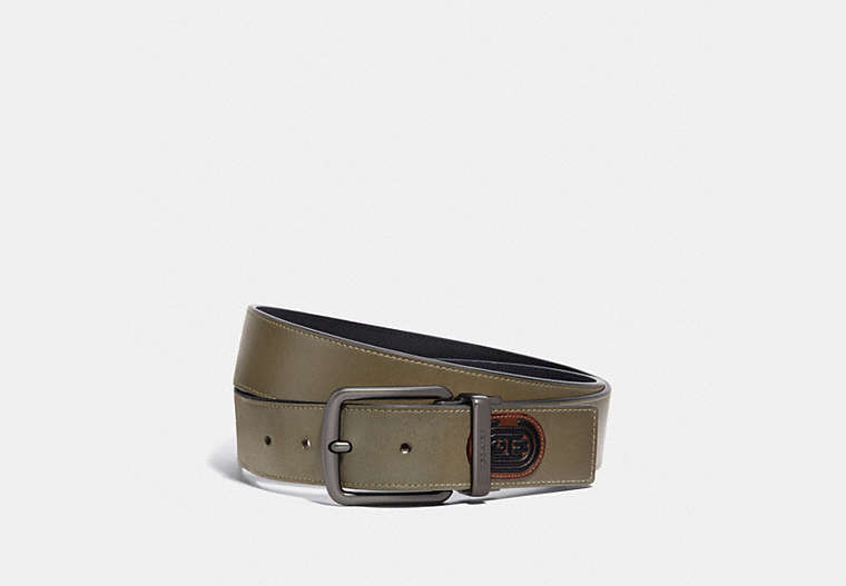 COACH®,HARNESS BUCKLE CUT-TO-SIZE REVERSIBLE BELT, 38MM,MOSS,Front View