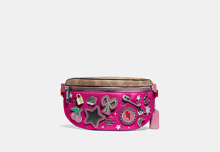 COACH®,BELT BAG WITH SIGNATURE CANVAS DETAIL AND SOUVENIR PINS,Coated Canvas,Pewter/Tan Red Apple,Front View