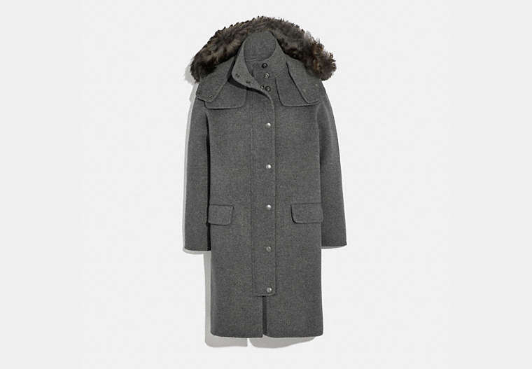 COACH®,LUXURY WOOL PARKA WITH SHEARLING RUFF,wool,GREY MELANGE,Front View