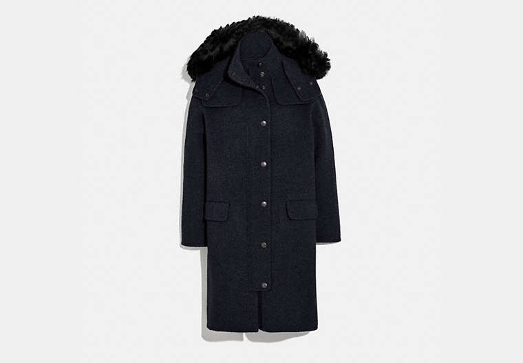 COACH®,LUXURY WOOL PARKA WITH SHEARLING RUFF,wool,NAVY,Front View