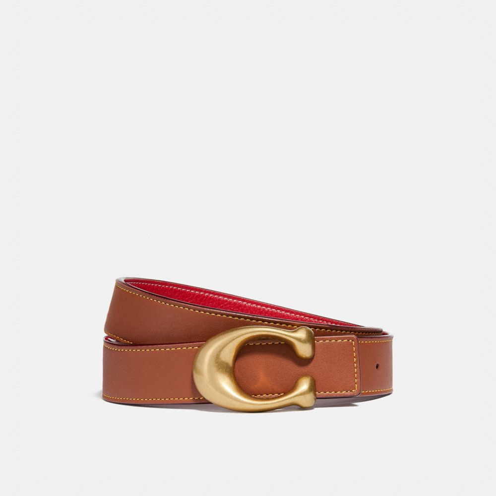 COACH®,C HARDWARE REVERSIBLE BELT, 32MM,Leather,Brass/Red/1941 Saddle,Front View